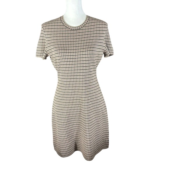 Theory Dresses & Skirts - Theory Knit Dress Womens M Tan Black Houndstooth Short Sleeve Crew Neck Tailored